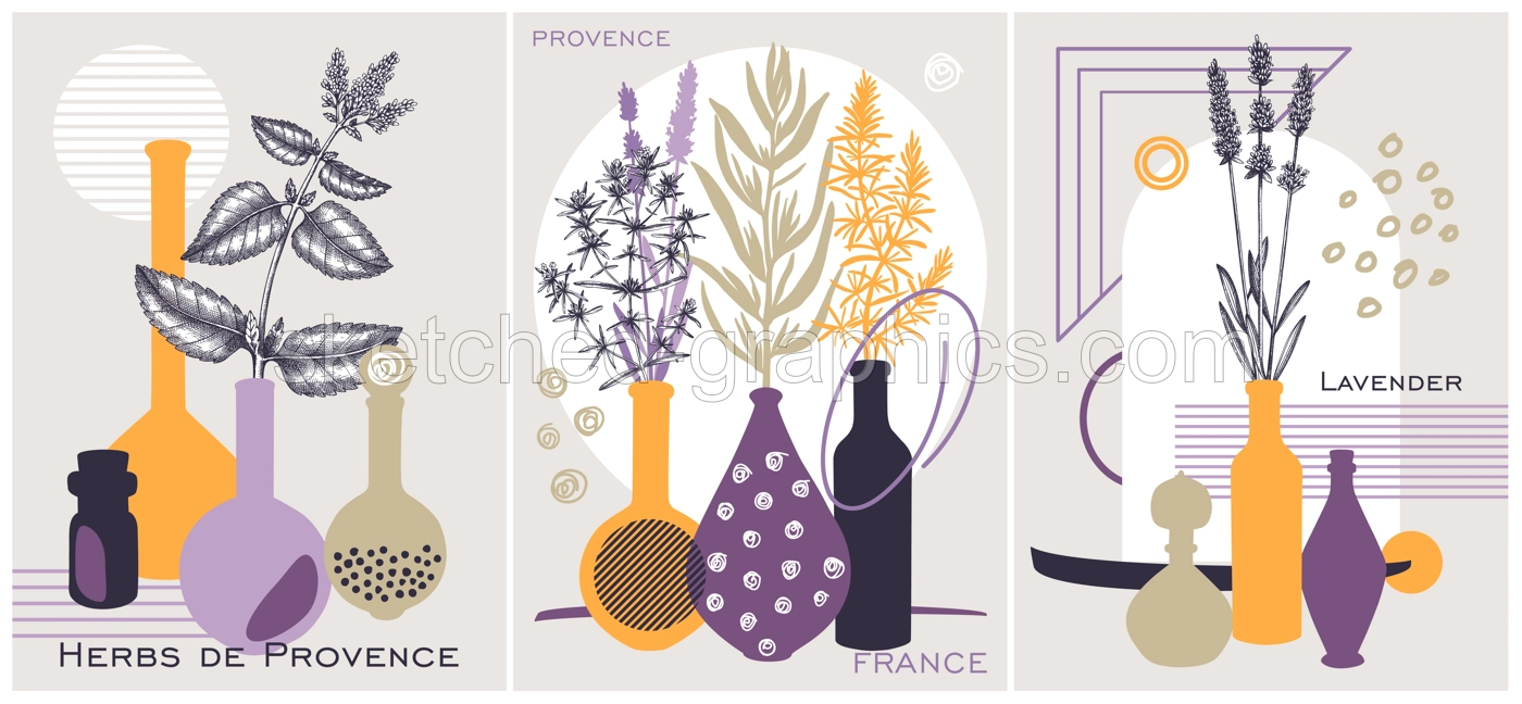 Collage-style Provence herbs poster set. Herbal plant, sketch, hand drawn vector illustrations. For cosmetics packaging, perfumery labels, soap or candle making. NOT AI generated Illustration